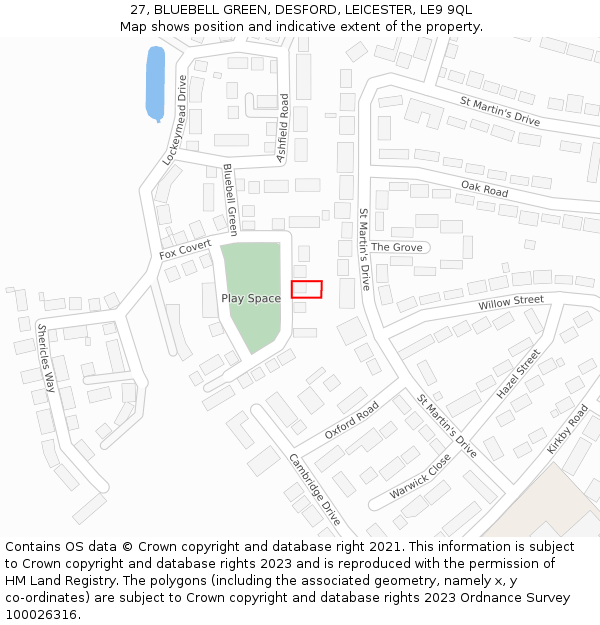27, BLUEBELL GREEN, DESFORD, LEICESTER, LE9 9QL: Location map and indicative extent of plot