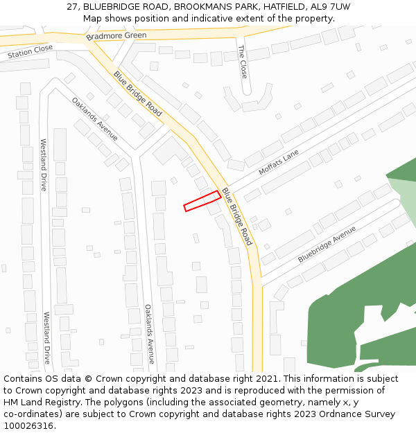 27, BLUEBRIDGE ROAD, BROOKMANS PARK, HATFIELD, AL9 7UW: Location map and indicative extent of plot