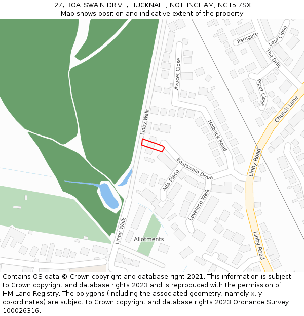 27, BOATSWAIN DRIVE, HUCKNALL, NOTTINGHAM, NG15 7SX: Location map and indicative extent of plot