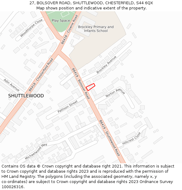 27, BOLSOVER ROAD, SHUTTLEWOOD, CHESTERFIELD, S44 6QX: Location map and indicative extent of plot