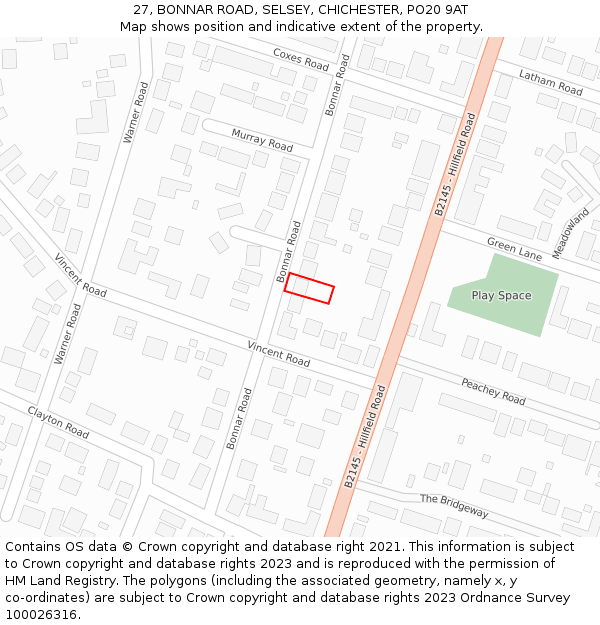 27, BONNAR ROAD, SELSEY, CHICHESTER, PO20 9AT: Location map and indicative extent of plot