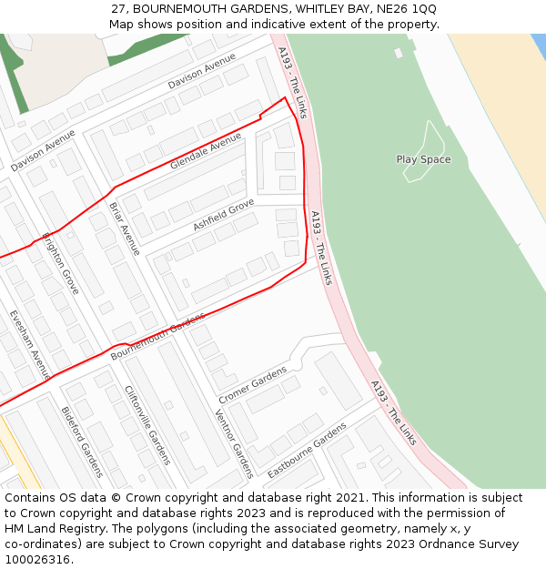 27, BOURNEMOUTH GARDENS, WHITLEY BAY, NE26 1QQ: Location map and indicative extent of plot