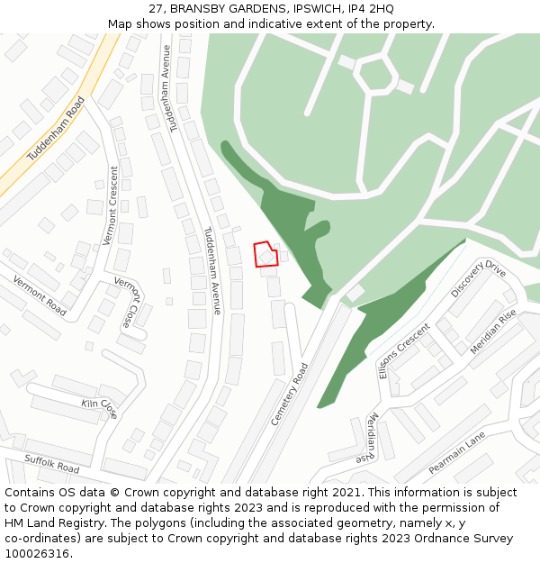 27, BRANSBY GARDENS, IPSWICH, IP4 2HQ: Location map and indicative extent of plot