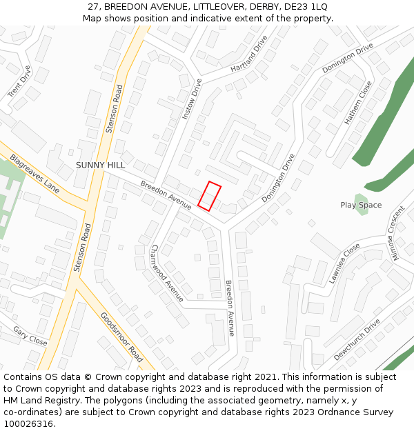 27, BREEDON AVENUE, LITTLEOVER, DERBY, DE23 1LQ: Location map and indicative extent of plot
