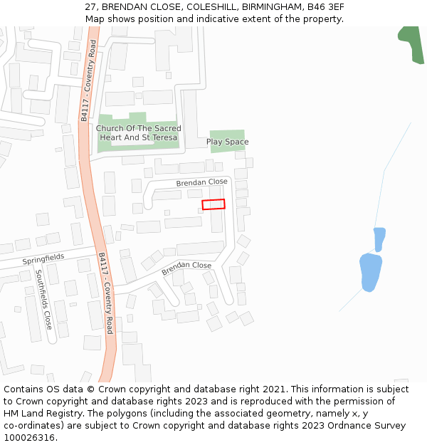 27, BRENDAN CLOSE, COLESHILL, BIRMINGHAM, B46 3EF: Location map and indicative extent of plot