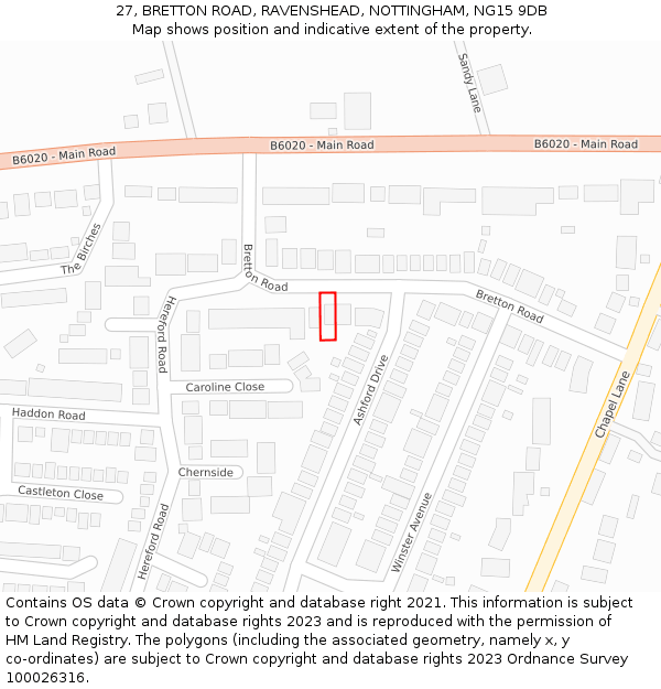 27, BRETTON ROAD, RAVENSHEAD, NOTTINGHAM, NG15 9DB: Location map and indicative extent of plot