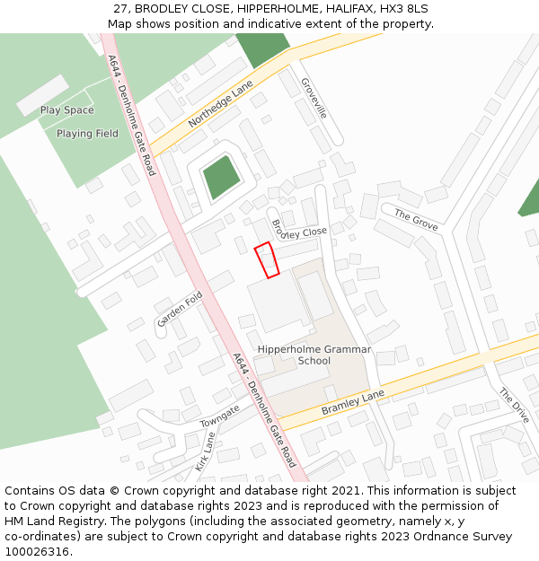 27, BRODLEY CLOSE, HIPPERHOLME, HALIFAX, HX3 8LS: Location map and indicative extent of plot