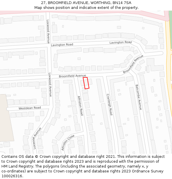 27, BROOMFIELD AVENUE, WORTHING, BN14 7SA: Location map and indicative extent of plot