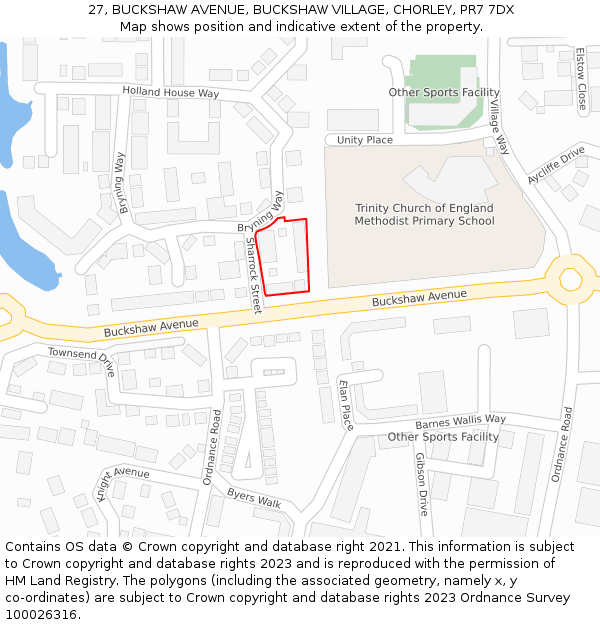 27, BUCKSHAW AVENUE, BUCKSHAW VILLAGE, CHORLEY, PR7 7DX: Location map and indicative extent of plot