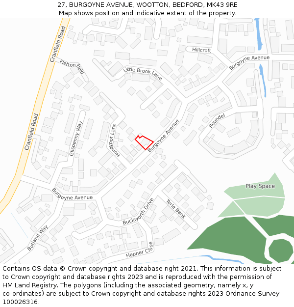 27, BURGOYNE AVENUE, WOOTTON, BEDFORD, MK43 9RE: Location map and indicative extent of plot