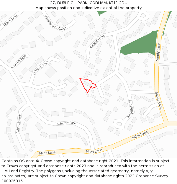 27, BURLEIGH PARK, COBHAM, KT11 2DU: Location map and indicative extent of plot