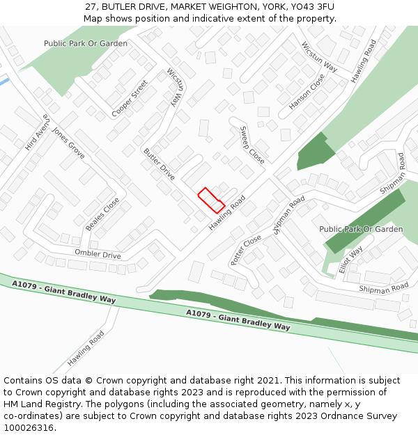 27, BUTLER DRIVE, MARKET WEIGHTON, YORK, YO43 3FU: Location map and indicative extent of plot