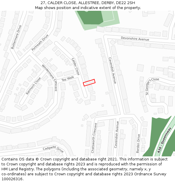 27, CALDER CLOSE, ALLESTREE, DERBY, DE22 2SH: Location map and indicative extent of plot