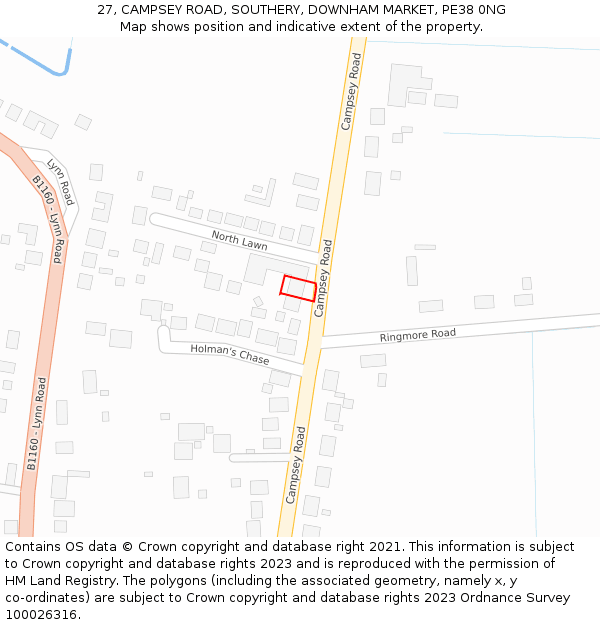 27, CAMPSEY ROAD, SOUTHERY, DOWNHAM MARKET, PE38 0NG: Location map and indicative extent of plot