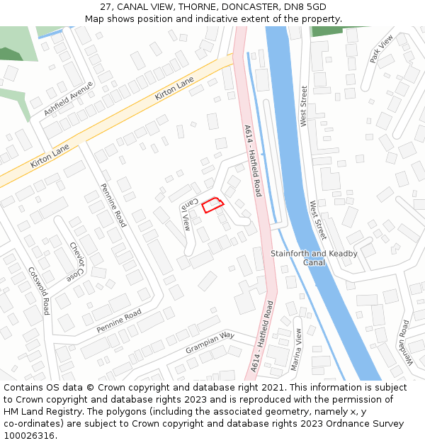 27, CANAL VIEW, THORNE, DONCASTER, DN8 5GD: Location map and indicative extent of plot