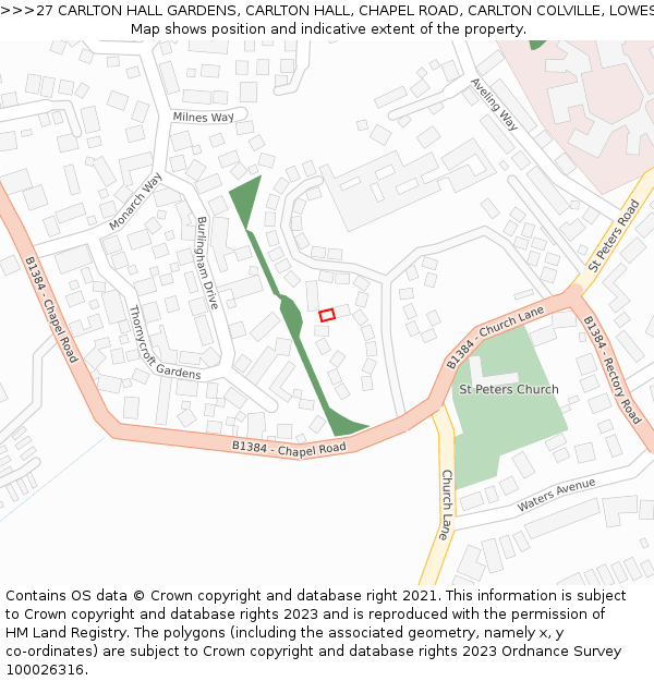 27 CARLTON HALL GARDENS, CARLTON HALL, CHAPEL ROAD, CARLTON COLVILLE, LOWESTOFT, NR33 8BL: Location map and indicative extent of plot