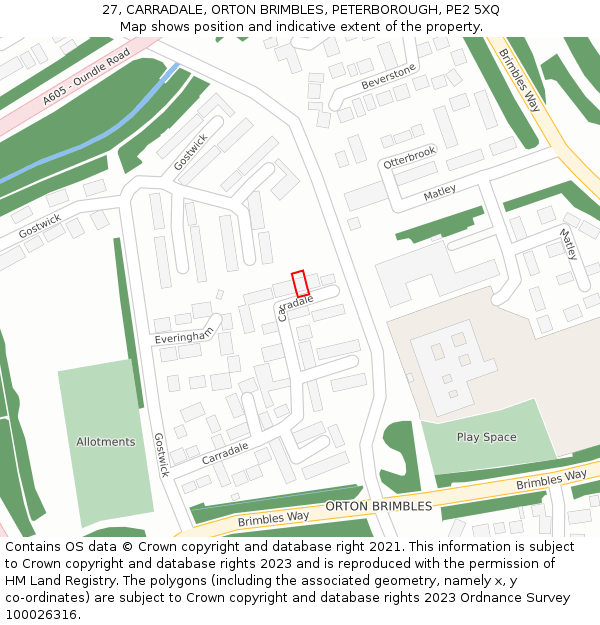 27, CARRADALE, ORTON BRIMBLES, PETERBOROUGH, PE2 5XQ: Location map and indicative extent of plot