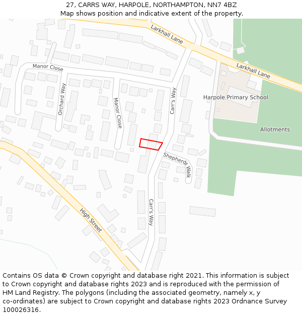 27, CARRS WAY, HARPOLE, NORTHAMPTON, NN7 4BZ: Location map and indicative extent of plot
