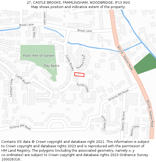 27, CASTLE BROOKS, FRAMLINGHAM, WOODBRIDGE, IP13 9SG: Location map and indicative extent of plot