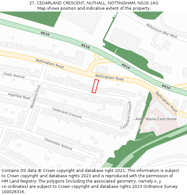 27, CEDARLAND CRESCENT, NUTHALL, NOTTINGHAM, NG16 1AG: Location map and indicative extent of plot