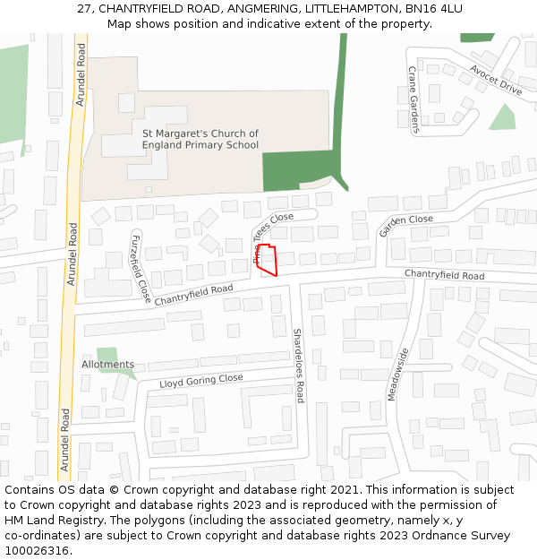 27, CHANTRYFIELD ROAD, ANGMERING, LITTLEHAMPTON, BN16 4LU: Location map and indicative extent of plot
