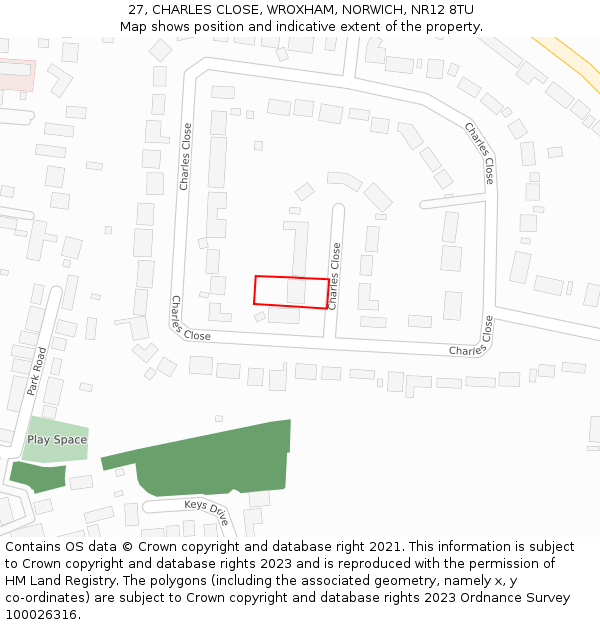 27, CHARLES CLOSE, WROXHAM, NORWICH, NR12 8TU: Location map and indicative extent of plot