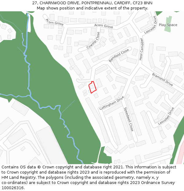 27, CHARNWOOD DRIVE, PONTPRENNAU, CARDIFF, CF23 8NN: Location map and indicative extent of plot
