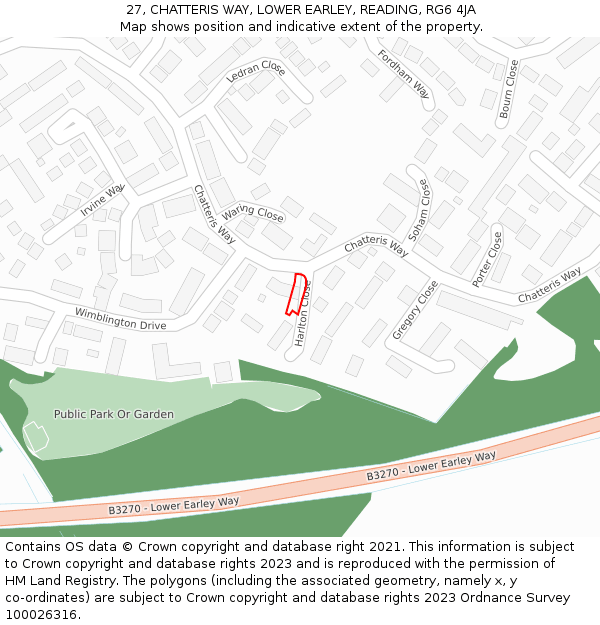 27, CHATTERIS WAY, LOWER EARLEY, READING, RG6 4JA: Location map and indicative extent of plot