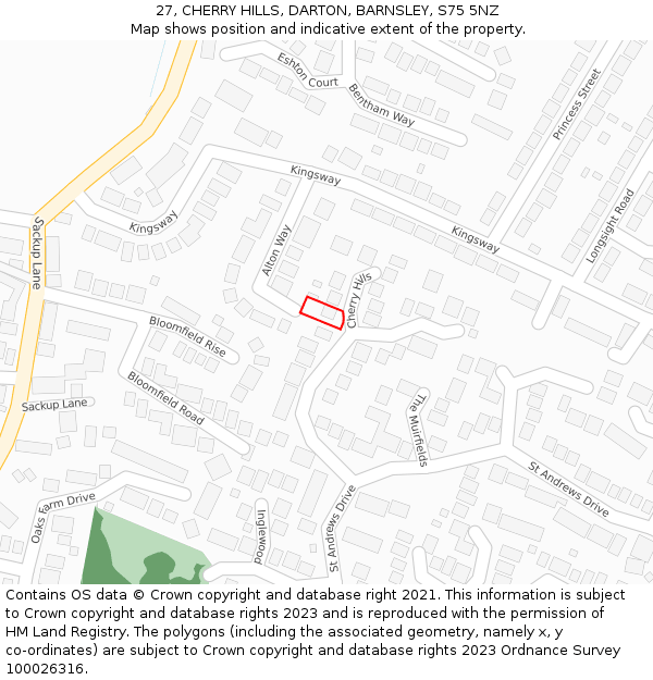 27, CHERRY HILLS, DARTON, BARNSLEY, S75 5NZ: Location map and indicative extent of plot