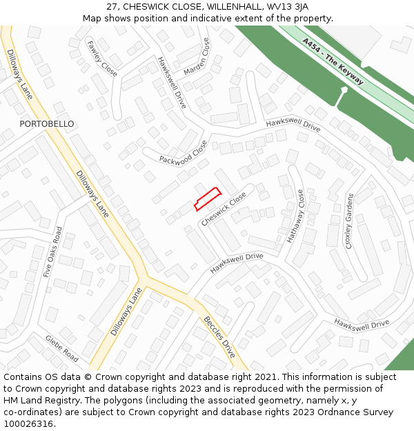 27, CHESWICK CLOSE, WILLENHALL, WV13 3JA: Location map and indicative extent of plot