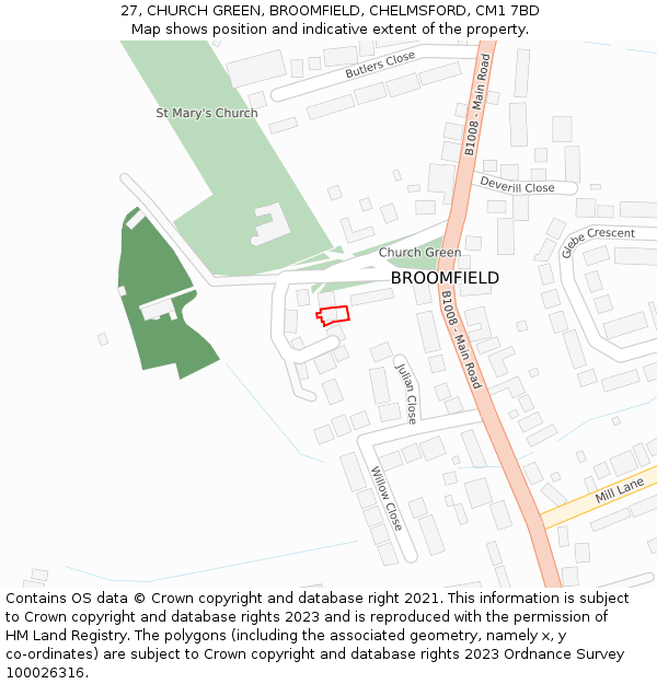 27, CHURCH GREEN, BROOMFIELD, CHELMSFORD, CM1 7BD: Location map and indicative extent of plot