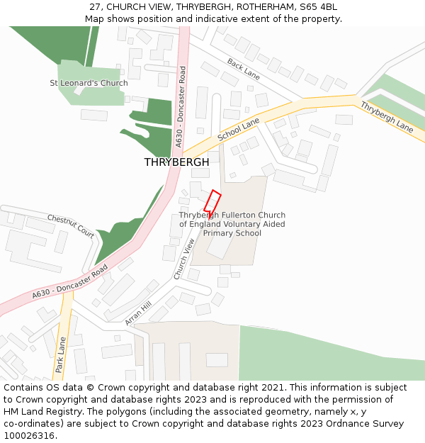 27, CHURCH VIEW, THRYBERGH, ROTHERHAM, S65 4BL: Location map and indicative extent of plot