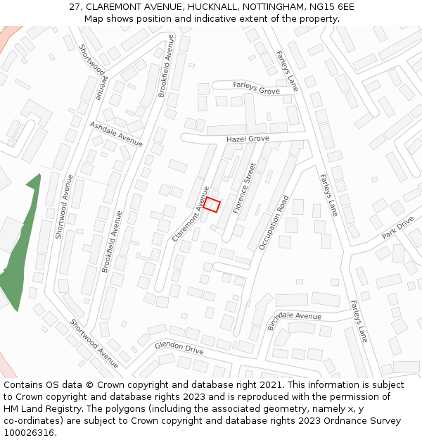 27, CLAREMONT AVENUE, HUCKNALL, NOTTINGHAM, NG15 6EE: Location map and indicative extent of plot