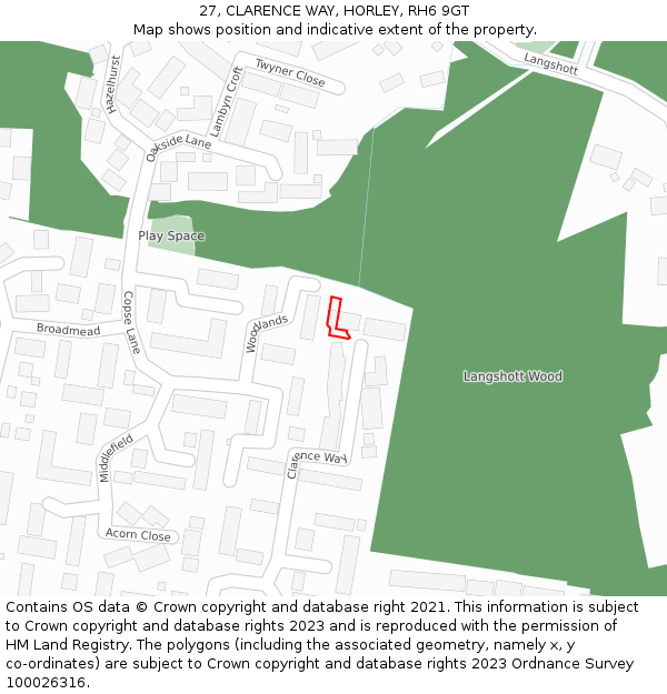 27, CLARENCE WAY, HORLEY, RH6 9GT: Location map and indicative extent of plot