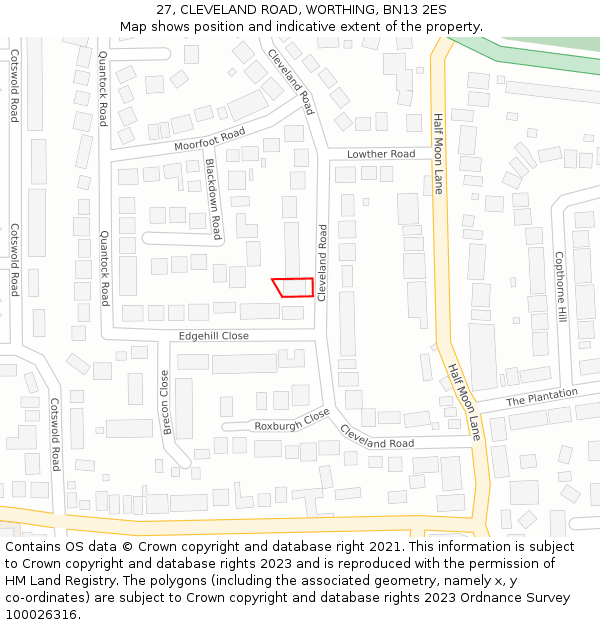 27, CLEVELAND ROAD, WORTHING, BN13 2ES: Location map and indicative extent of plot