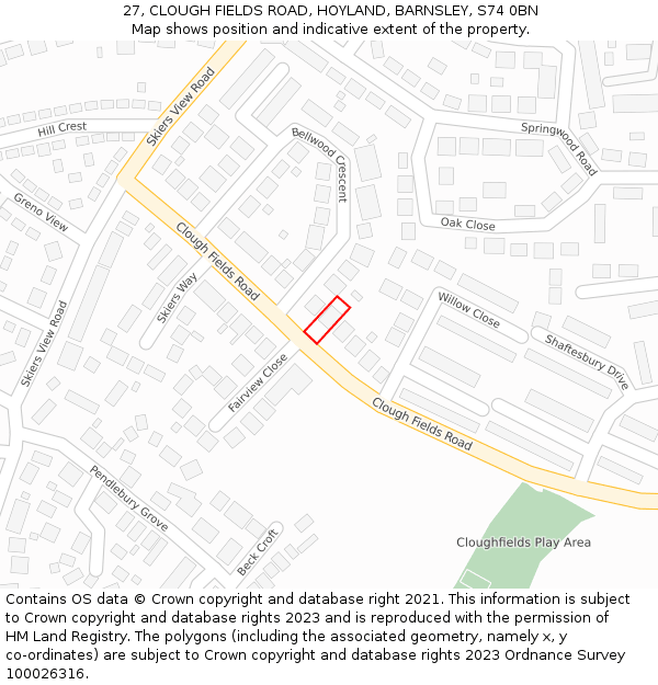 27, CLOUGH FIELDS ROAD, HOYLAND, BARNSLEY, S74 0BN: Location map and indicative extent of plot