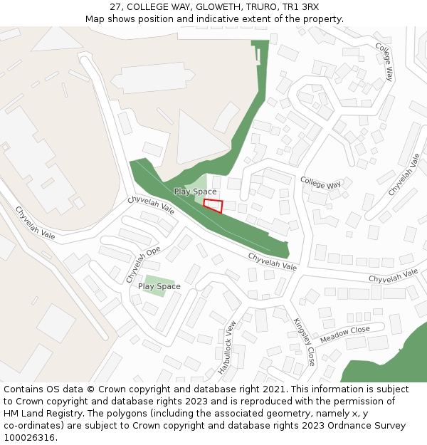 27, COLLEGE WAY, GLOWETH, TRURO, TR1 3RX: Location map and indicative extent of plot