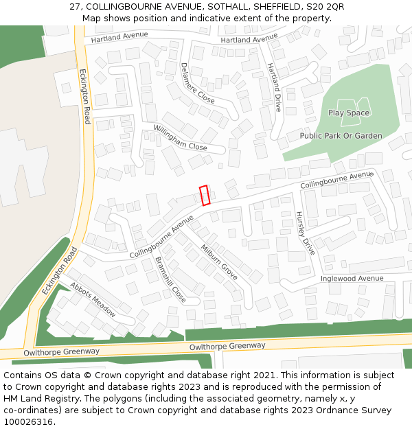 27, COLLINGBOURNE AVENUE, SOTHALL, SHEFFIELD, S20 2QR: Location map and indicative extent of plot