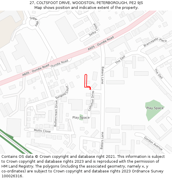 27, COLTSFOOT DRIVE, WOODSTON, PETERBOROUGH, PE2 9JS: Location map and indicative extent of plot