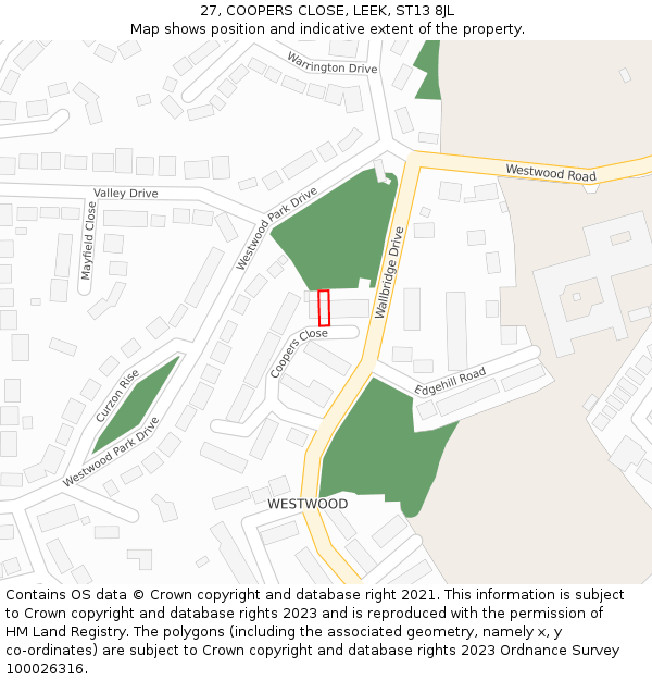 27, COOPERS CLOSE, LEEK, ST13 8JL: Location map and indicative extent of plot
