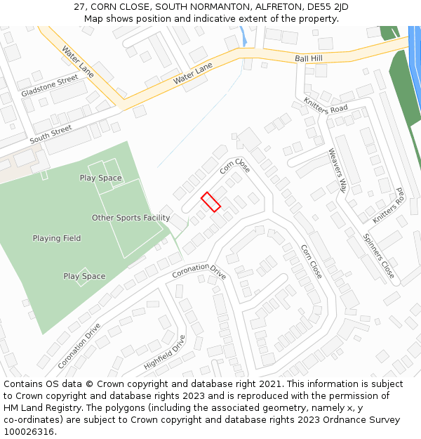 27, CORN CLOSE, SOUTH NORMANTON, ALFRETON, DE55 2JD: Location map and indicative extent of plot