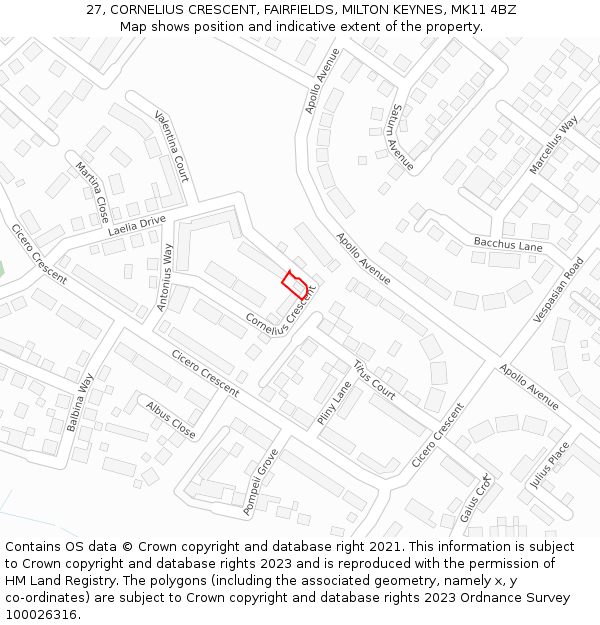 27, CORNELIUS CRESCENT, FAIRFIELDS, MILTON KEYNES, MK11 4BZ: Location map and indicative extent of plot