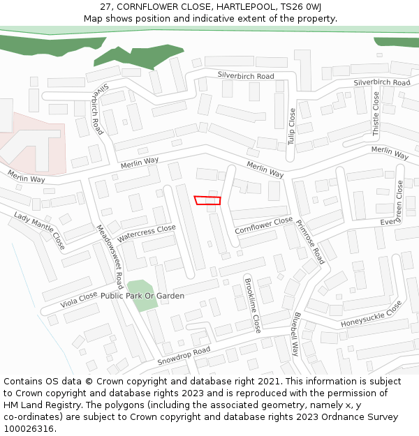 27, CORNFLOWER CLOSE, HARTLEPOOL, TS26 0WJ: Location map and indicative extent of plot