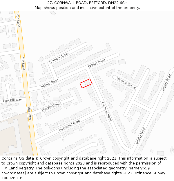 27, CORNWALL ROAD, RETFORD, DN22 6SH: Location map and indicative extent of plot