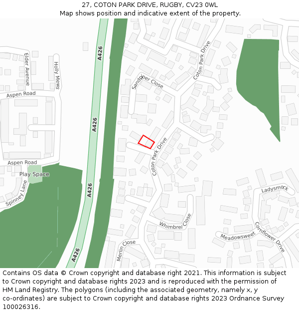 27, COTON PARK DRIVE, RUGBY, CV23 0WL: Location map and indicative extent of plot