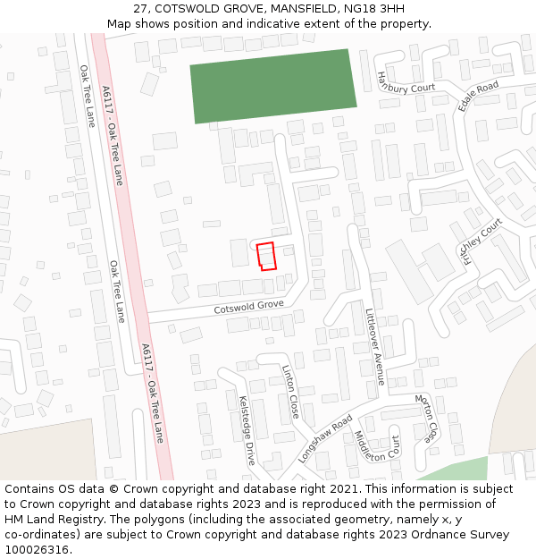 27, COTSWOLD GROVE, MANSFIELD, NG18 3HH: Location map and indicative extent of plot