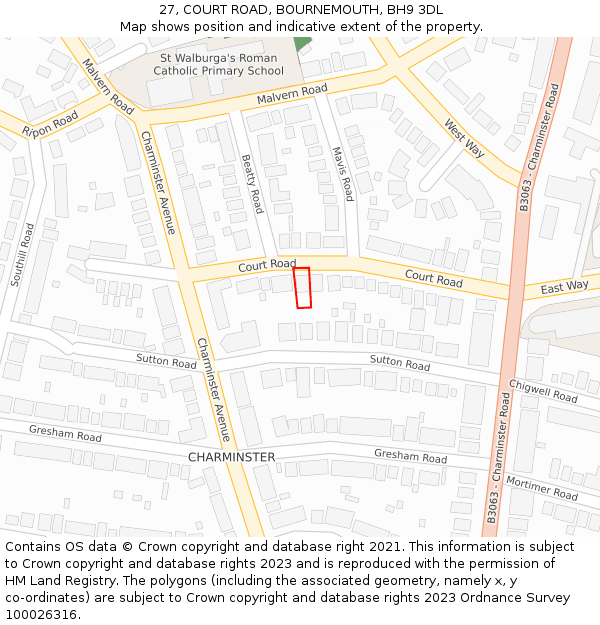 27, COURT ROAD, BOURNEMOUTH, BH9 3DL: Location map and indicative extent of plot