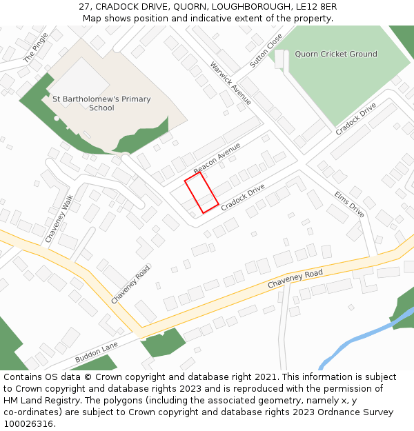 27, CRADOCK DRIVE, QUORN, LOUGHBOROUGH, LE12 8ER: Location map and indicative extent of plot
