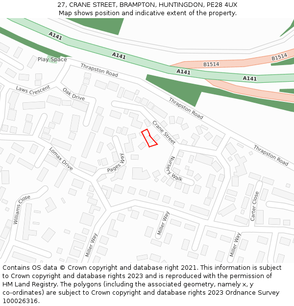 27, CRANE STREET, BRAMPTON, HUNTINGDON, PE28 4UX: Location map and indicative extent of plot