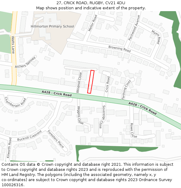 27, CRICK ROAD, RUGBY, CV21 4DU: Location map and indicative extent of plot